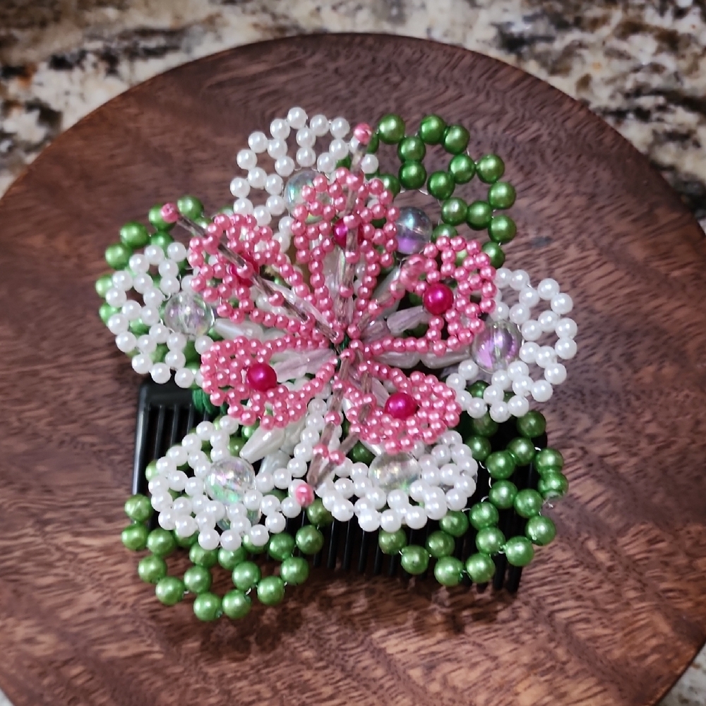 HANDMADE Floral Beaded Hair Clip - Pink, Green, White